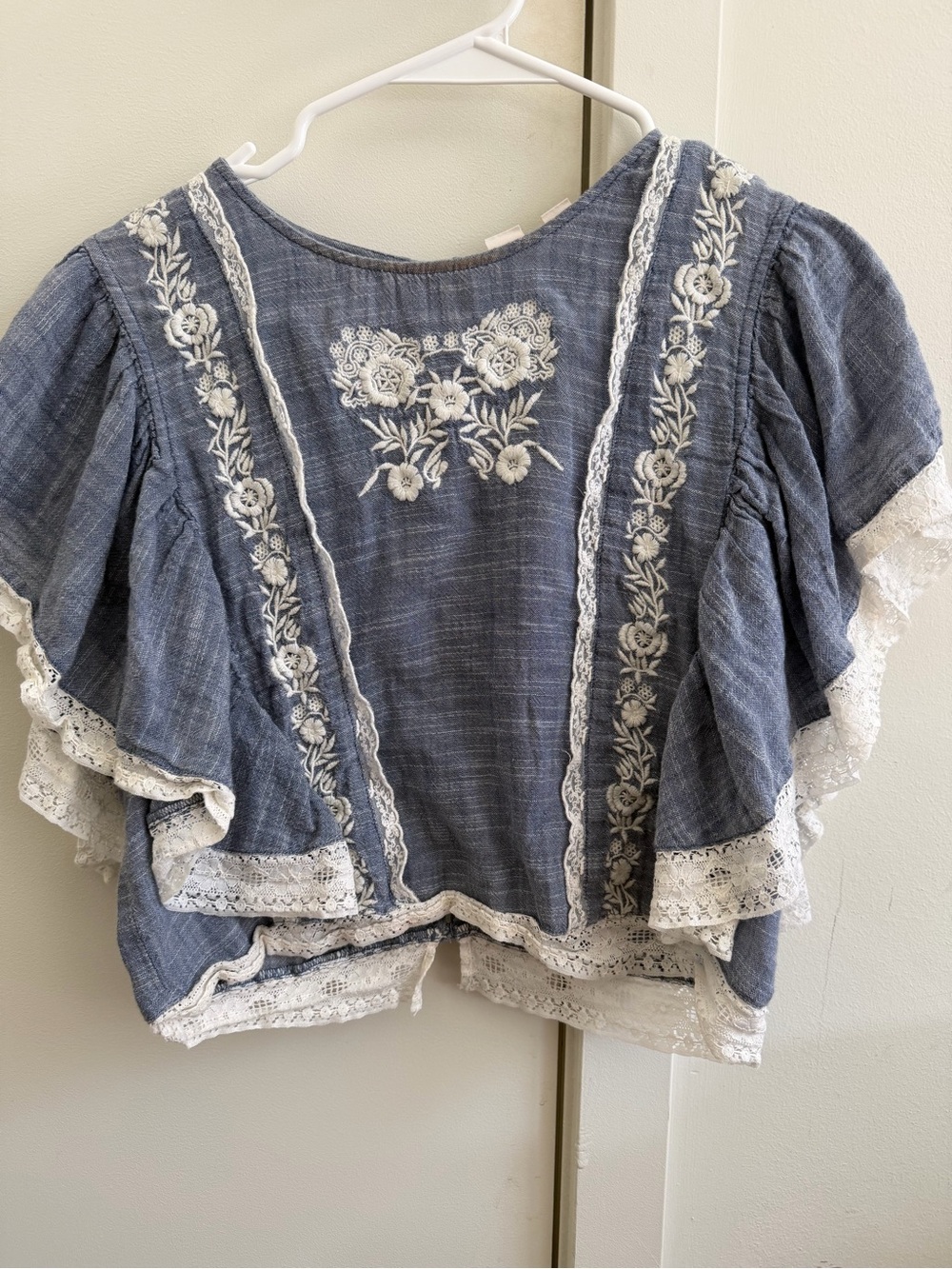 Melrose and Market Chambray Blue Embroidered Ruffle Tunic